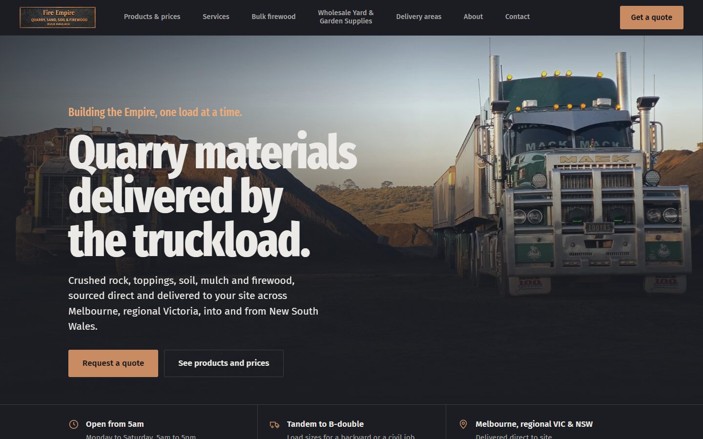The Fire Empire home page: quarry materials delivered by the truckload, with the yard’s B-double truck.